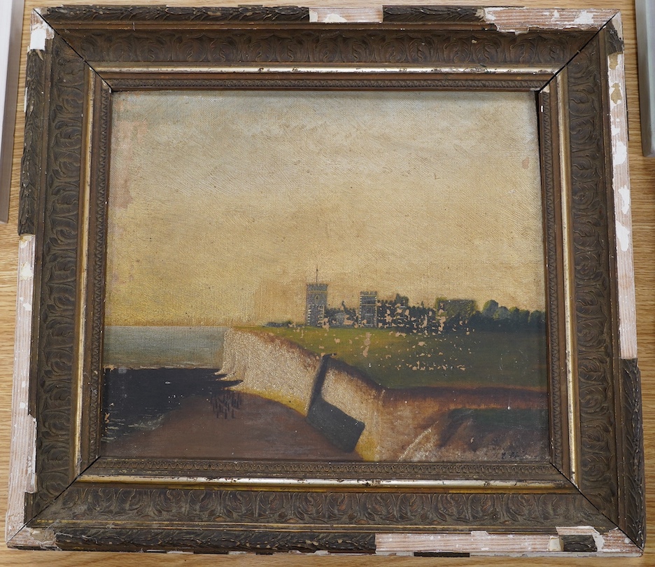 From the Studio of Fred Cuming. c.1900 Naïve, oil on canvas, Castle and cliffs, indistinctly signed lower right, 29 x 34cm. Condition - poor